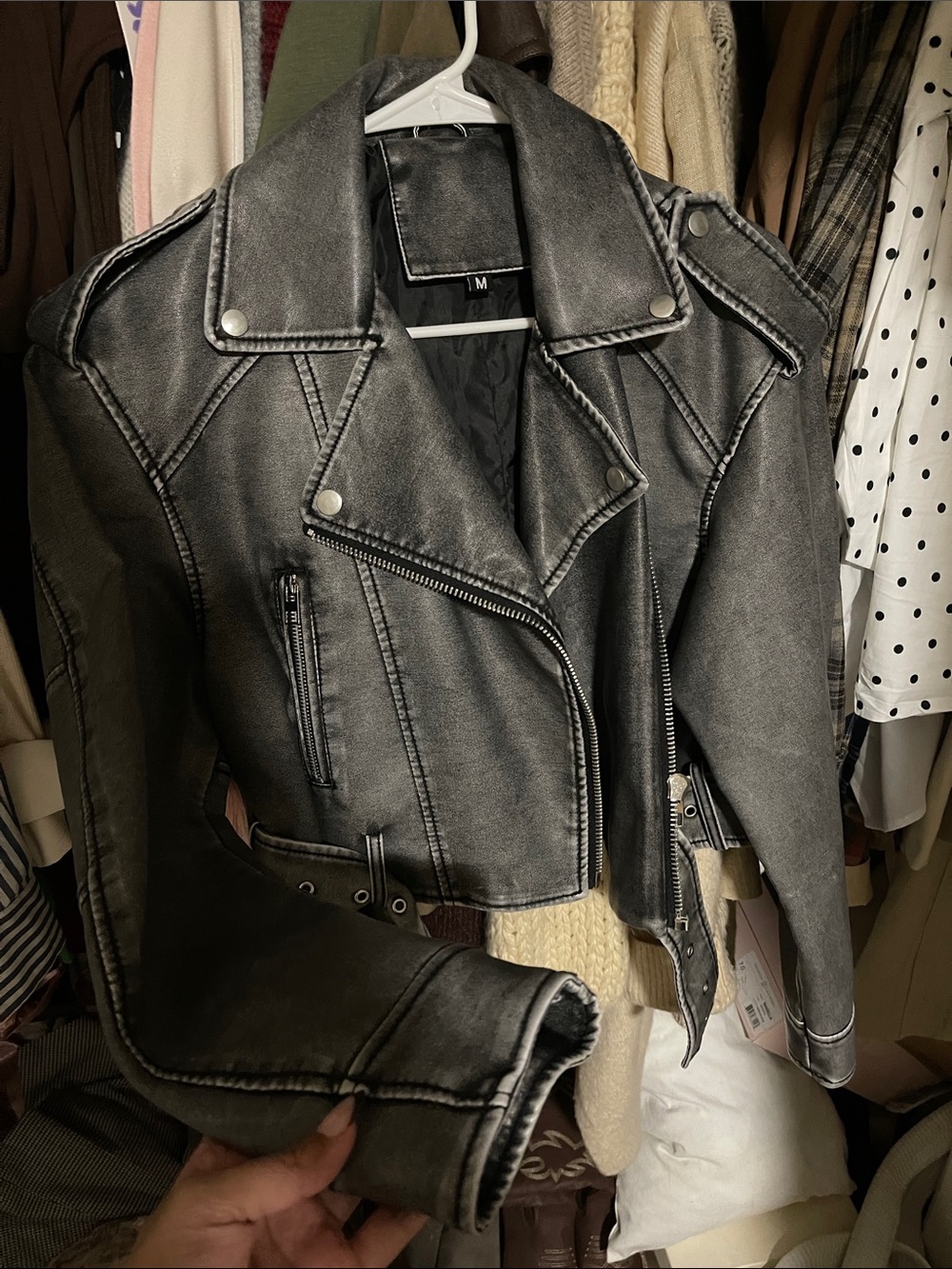 Women’s Distressed Black Faux Leather Moto Jacket - M